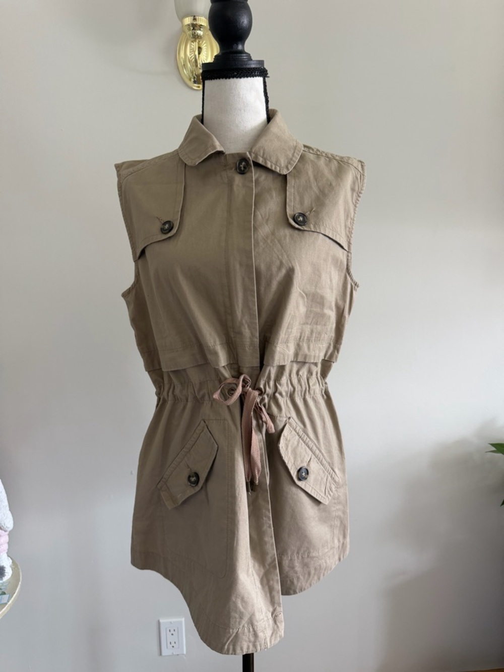 Women's Sleeveless Utility Vest in Khaki with Drawstring Waist